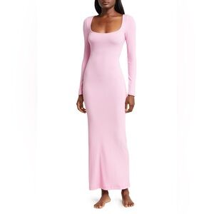 Skims Soft Lounge Long Sleeve Scoopneck Maxi Dress Ribbed NWOT Cotton Candy Pink